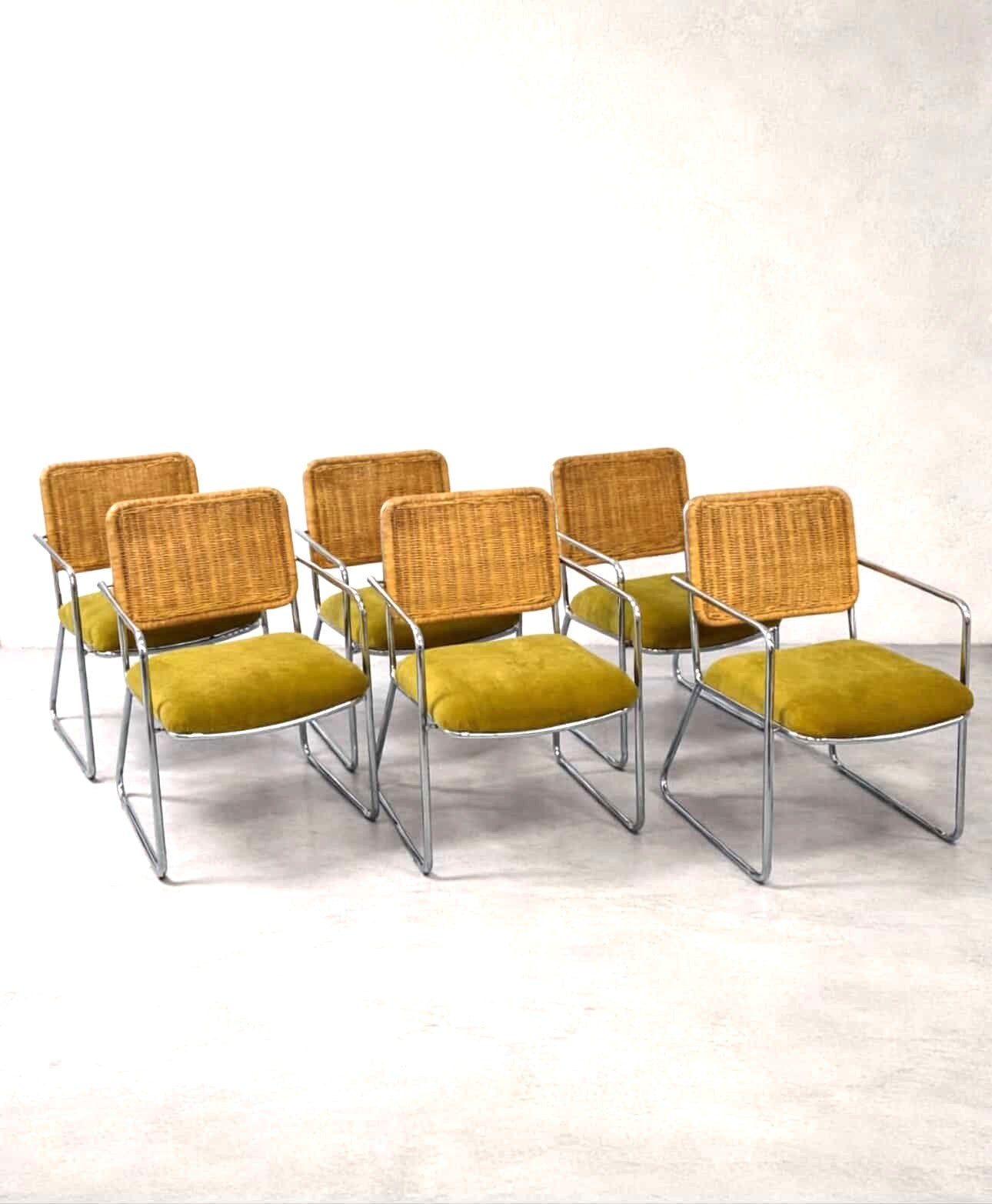 Set of 6 Chrome and Wicker Dining Chairs