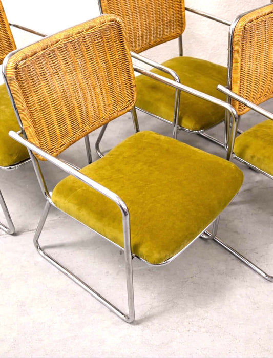 Set of 6 Chrome and Wicker Dining Chairs