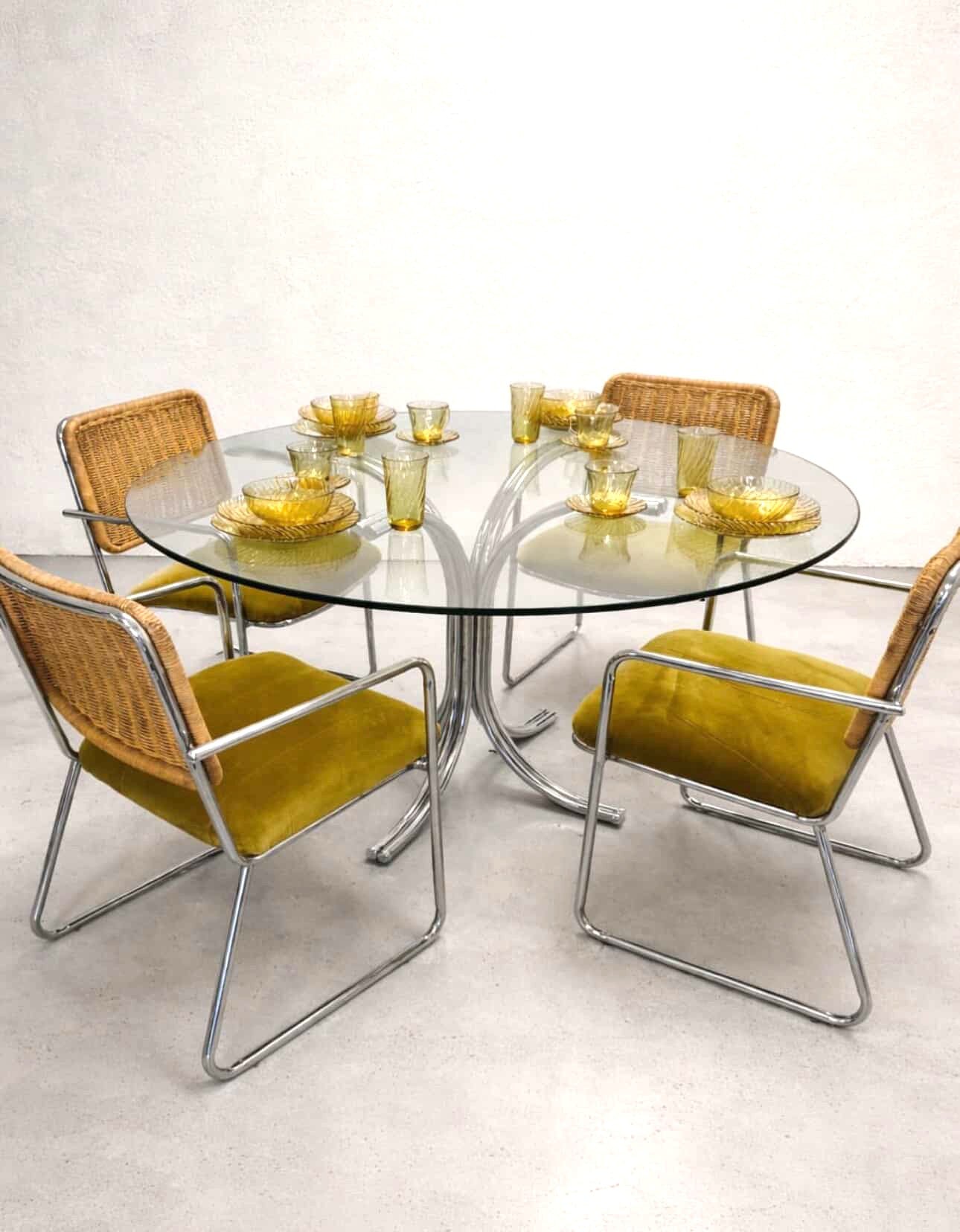 Set of 6 Chrome and Wicker Dining Chairs